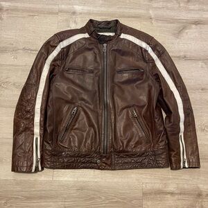 Men's Brown Leather Jacket with White Stripes